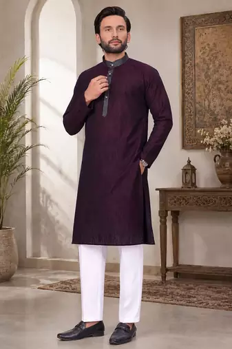 Purple color with linen fabric men's kurta payjama set