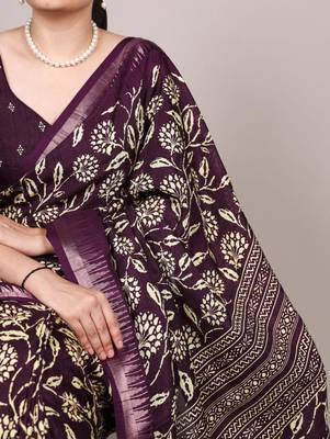 Wine art silk printed saree with floral print 2