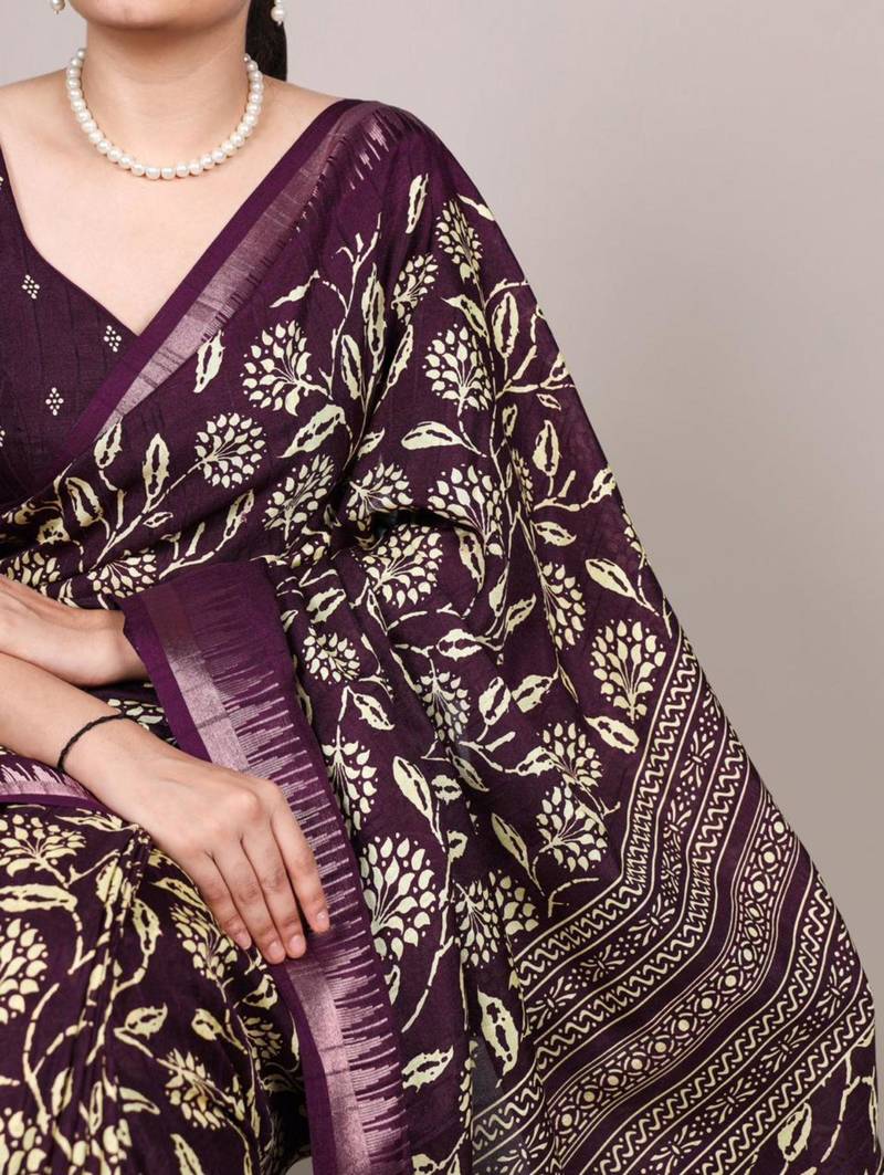 Wine art silk printed saree with floral print