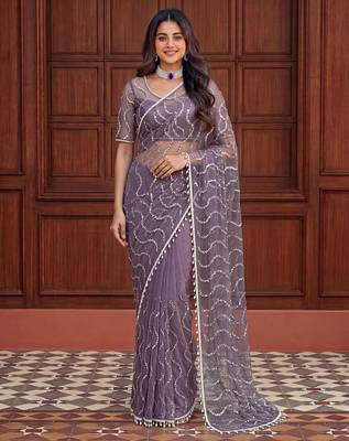 Purple net embroidered saree with sequins work 1