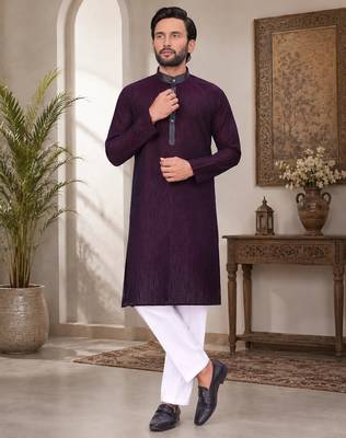 Purple color with linen fabric men's kurta payjama set 3