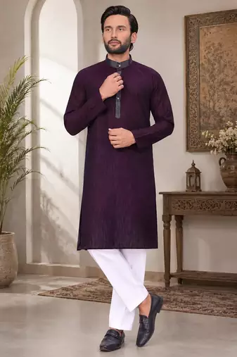 Purple color with linen fabric men's kurta payjama set