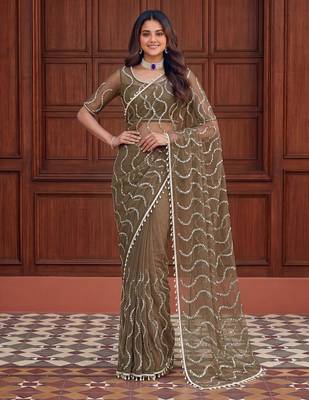Green net embroidered saree with sequins work 1