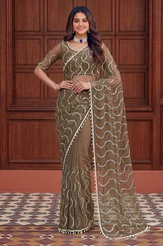Green net embroidered saree with sequins work