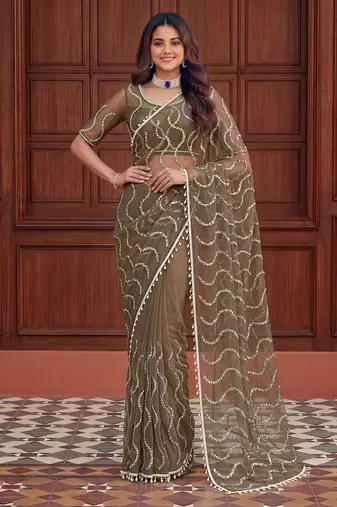 Green net embroidered saree with sequins work