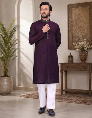 Purple color with linen fabric men's kurta payjama set 4