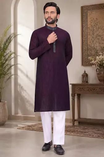 Purple color with linen fabric men's kurta payjama set