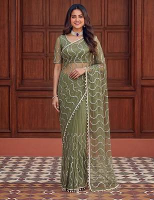 Green net embroidered saree with sequins work 1