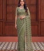 Green net embroidered saree with sequins work