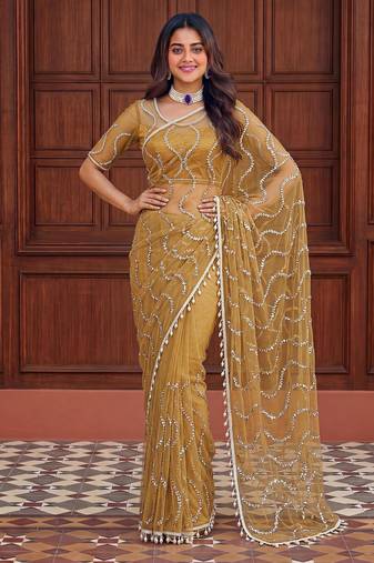 Mustard net embroidered  with sequins work
