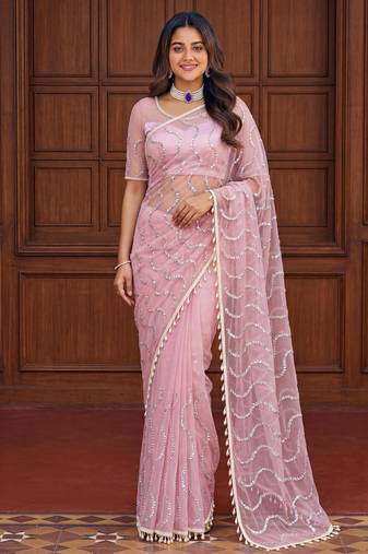 Pink net embroidered  with sequins work