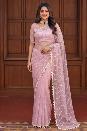 Pink net embroidered  with sequins work