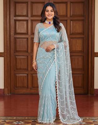 Sky blue net embroidered  with sequins work 1
