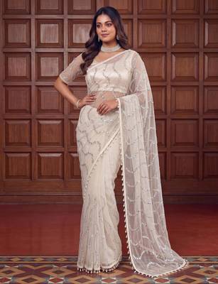 Cream net embroidered  with sequins work 1