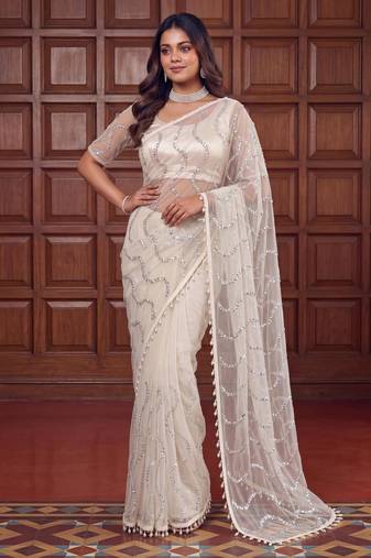 Cream net embroidered  with sequins work
