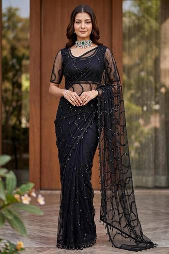 Black net embroidered  with sequins work