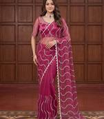 Magenta net embroidered  with sequins work