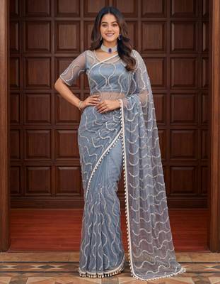 Grey net embroidered  with sequins work 1