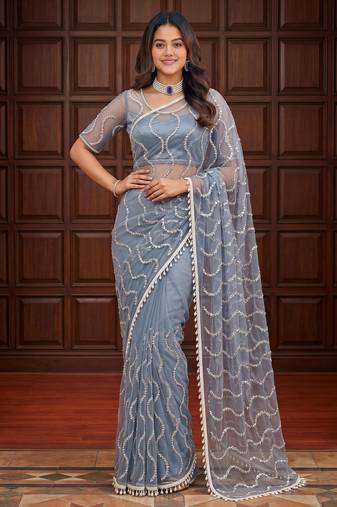 Grey net embroidered  with sequins work
