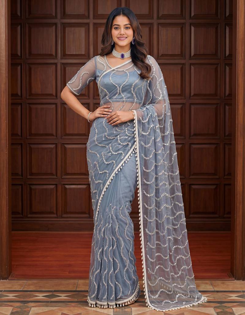 Grey net embroidered  with sequins work