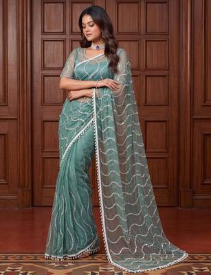 Sea green net embroidered  with sequins work 1