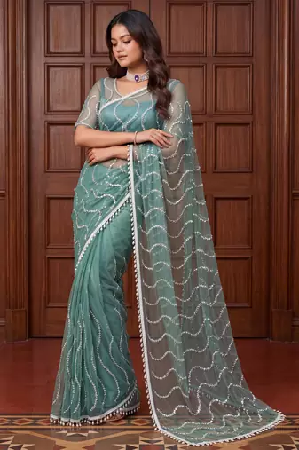 Sea green net embroidered  with sequins work