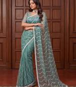 Sea green net embroidered  with sequins work