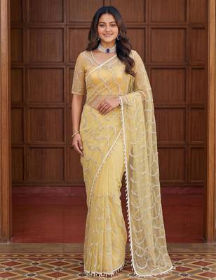Yellow net embroidered  with sequins work 1