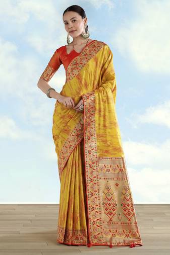 yellow silk blend banarasi jacuard work saree with unstitched blouse piece