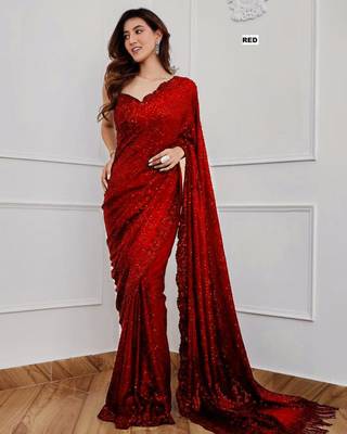 Red georgette embroidered  with sequins work 1