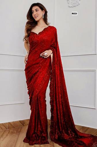 Red georgette embroidered  with sequins work