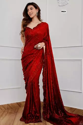 Red georgette embroidered  with sequins work