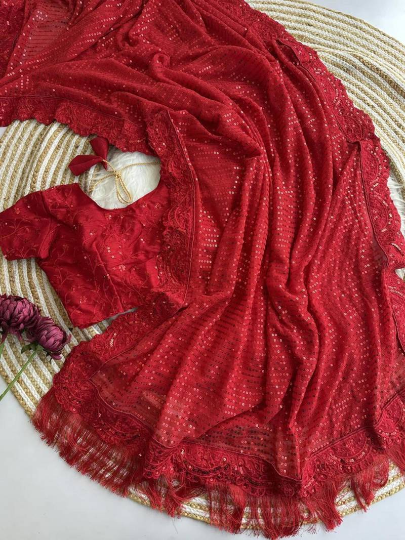 Red georgette embroidered  with sequins work
