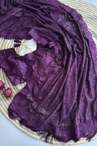 Wine georgette embroidered  with sequins work