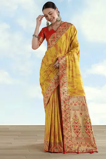 yellow silk blend banarasi jacuard work saree with unstitched blouse piece