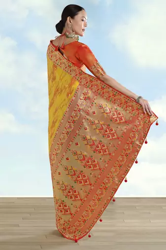 yellow silk blend banarasi jacuard work saree with unstitched blouse piece