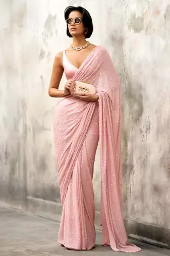 Baby pink georgette embroidered  with sequins work