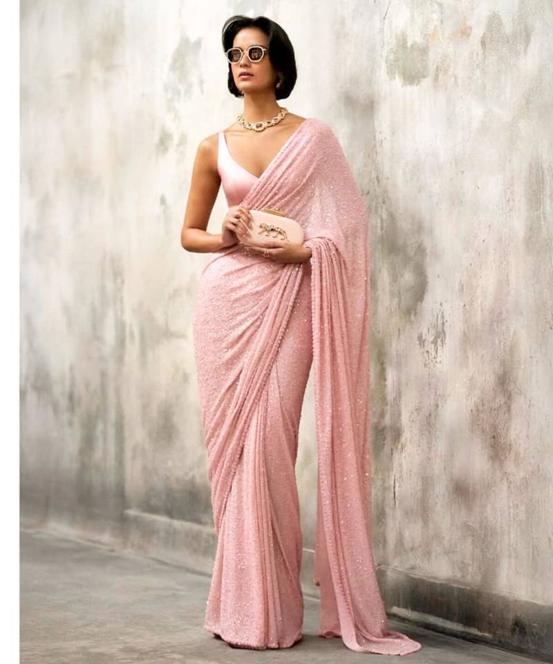Baby pink georgette embroidered  with sequins work