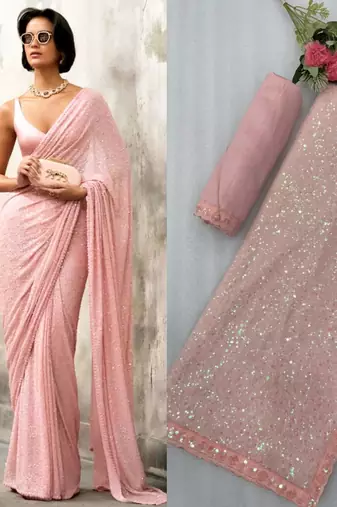 Baby pink georgette embroidered  with sequins work