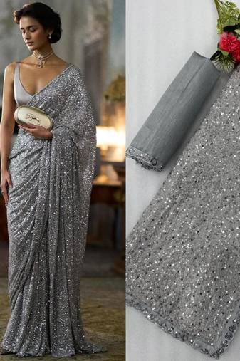 Grey georgette embroidered  with sequins work