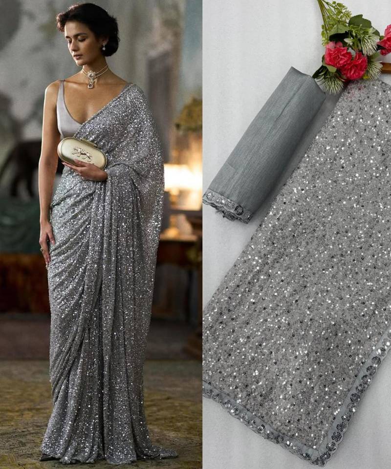 Grey georgette embroidered  with sequins work