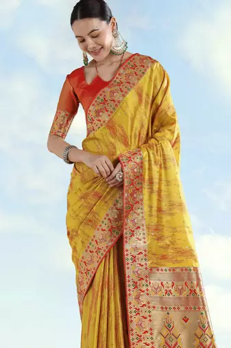 yellow silk blend banarasi jacuard work saree with unstitched blouse piece