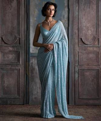 Sky blue georgette embroidered  with sequins work 1