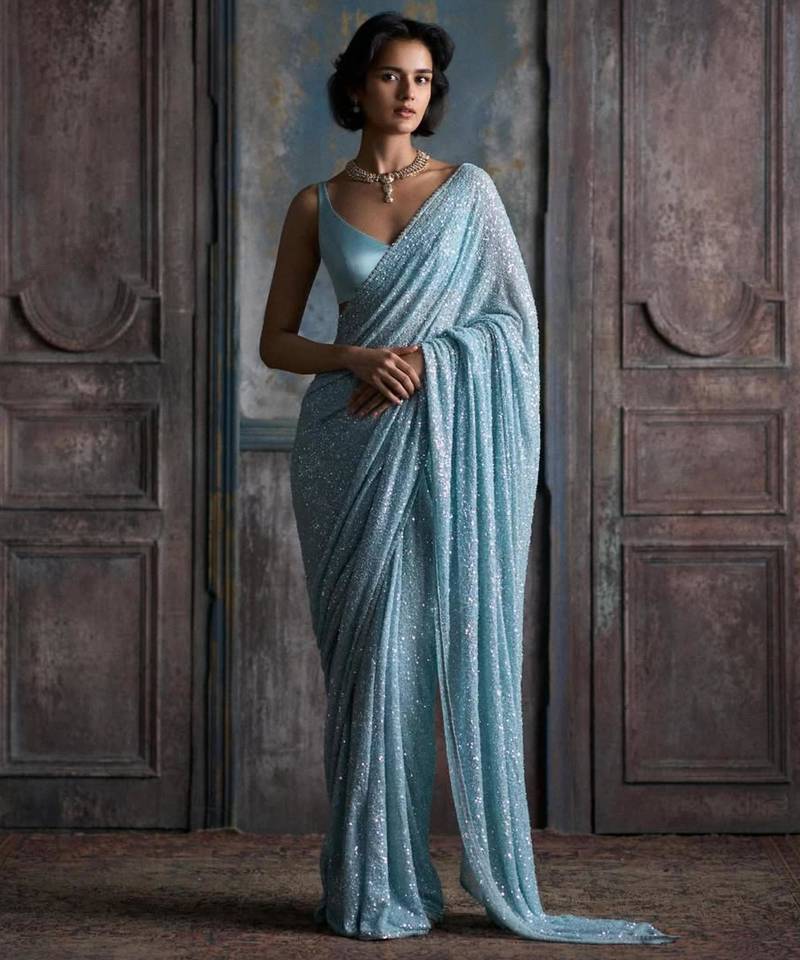 Sky blue georgette embroidered  with sequins work