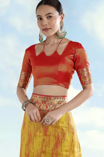 yellow silk blend banarasi jacuard work saree with unstitched blouse piece