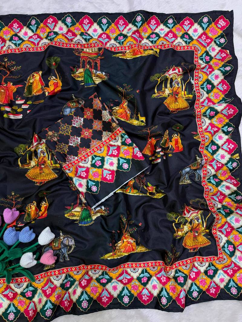 Black crepe printed  with floral print