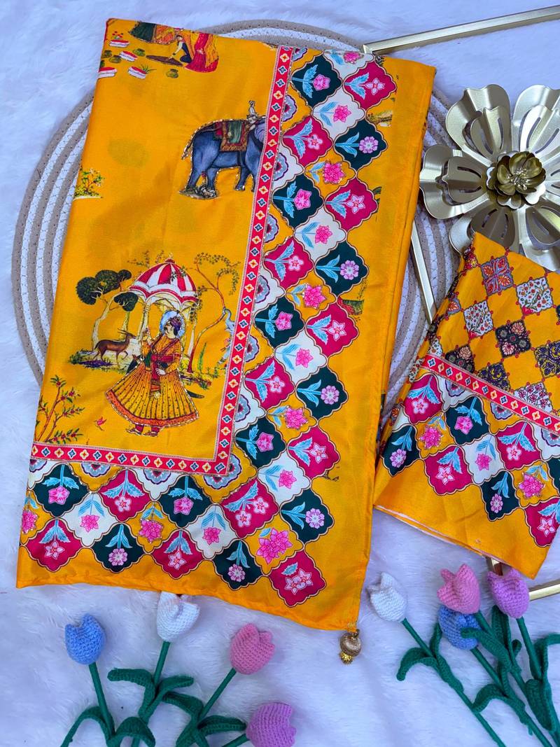 Mustard crepe printed  with floral print