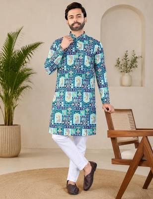 Blue color digital print with chikankari embroidery work rayon men's kurta payjama set 1