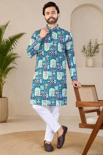 Blue color digital print with chikankari embroidery work rayon men's kurta payjama set