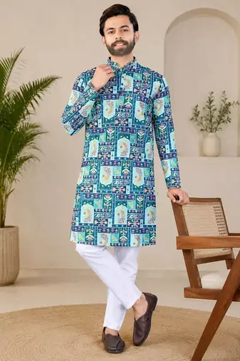 Blue color digital print with chikankari embroidery work rayon men's kurta payjama set